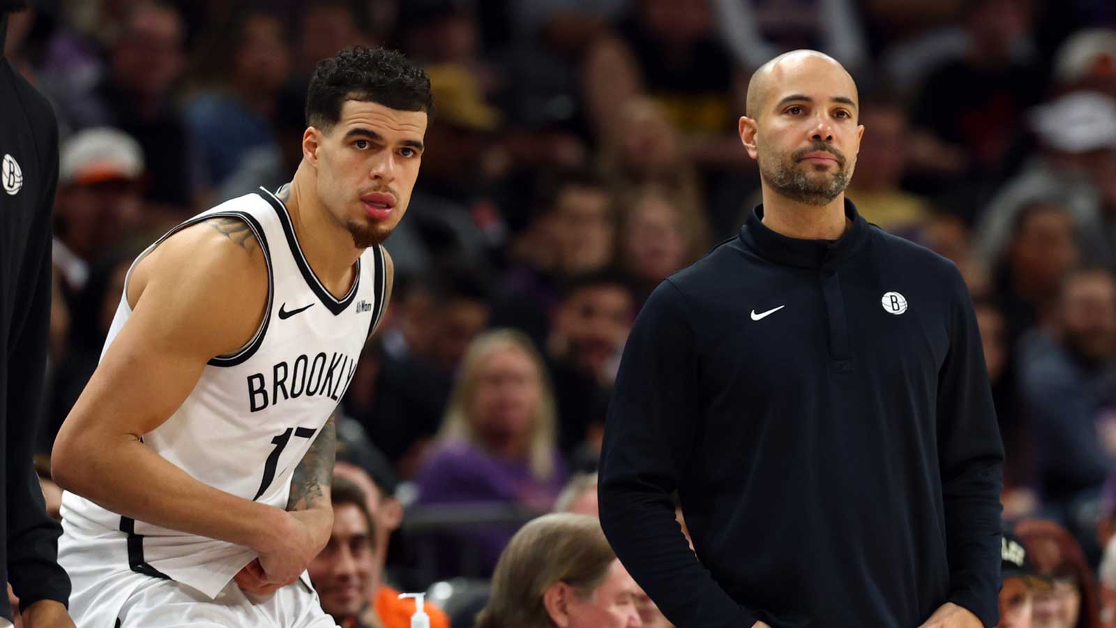 Brooklyn Nets forward Michael Porter Jr. (17) and head coach Jordi Fernandez against the Phoenix Suns at Mortgage Matchup Center.