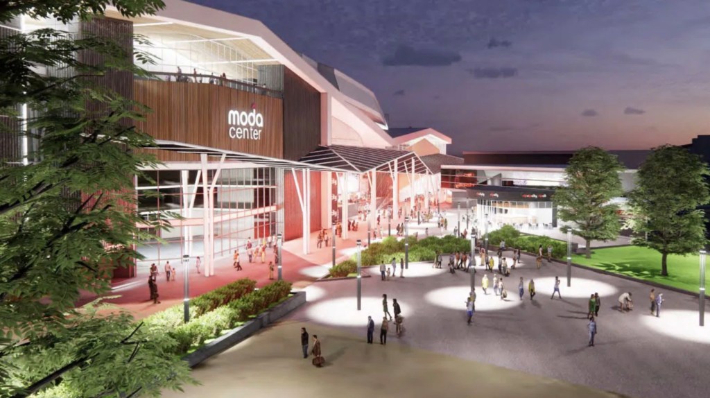 An architectural rendering of a possible new look for the Moda Center, which has proposed a $600 million upgrade.  Image: Our New Moda Center.