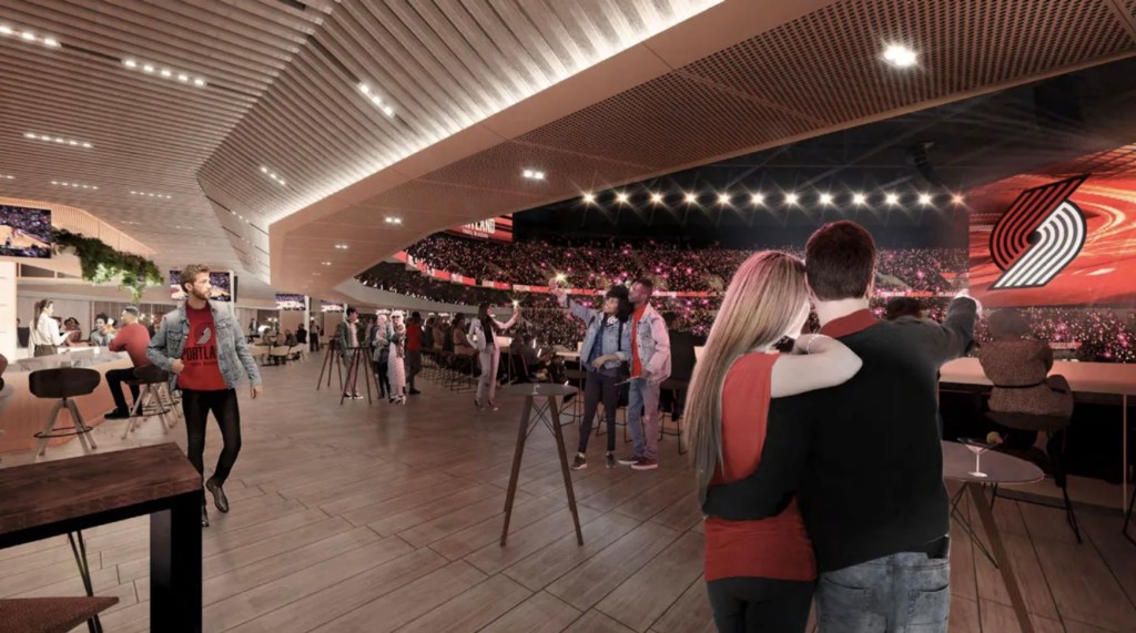Rendering of a Moda Center audience area looking out on the  action. Image: Our New Moda Center.