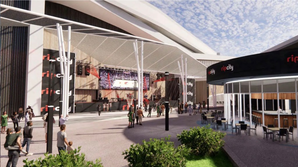 Rendering of a possible vision of the plaza pedestrian spaces outside the Moda Center.  Image: Our New Moda Center.