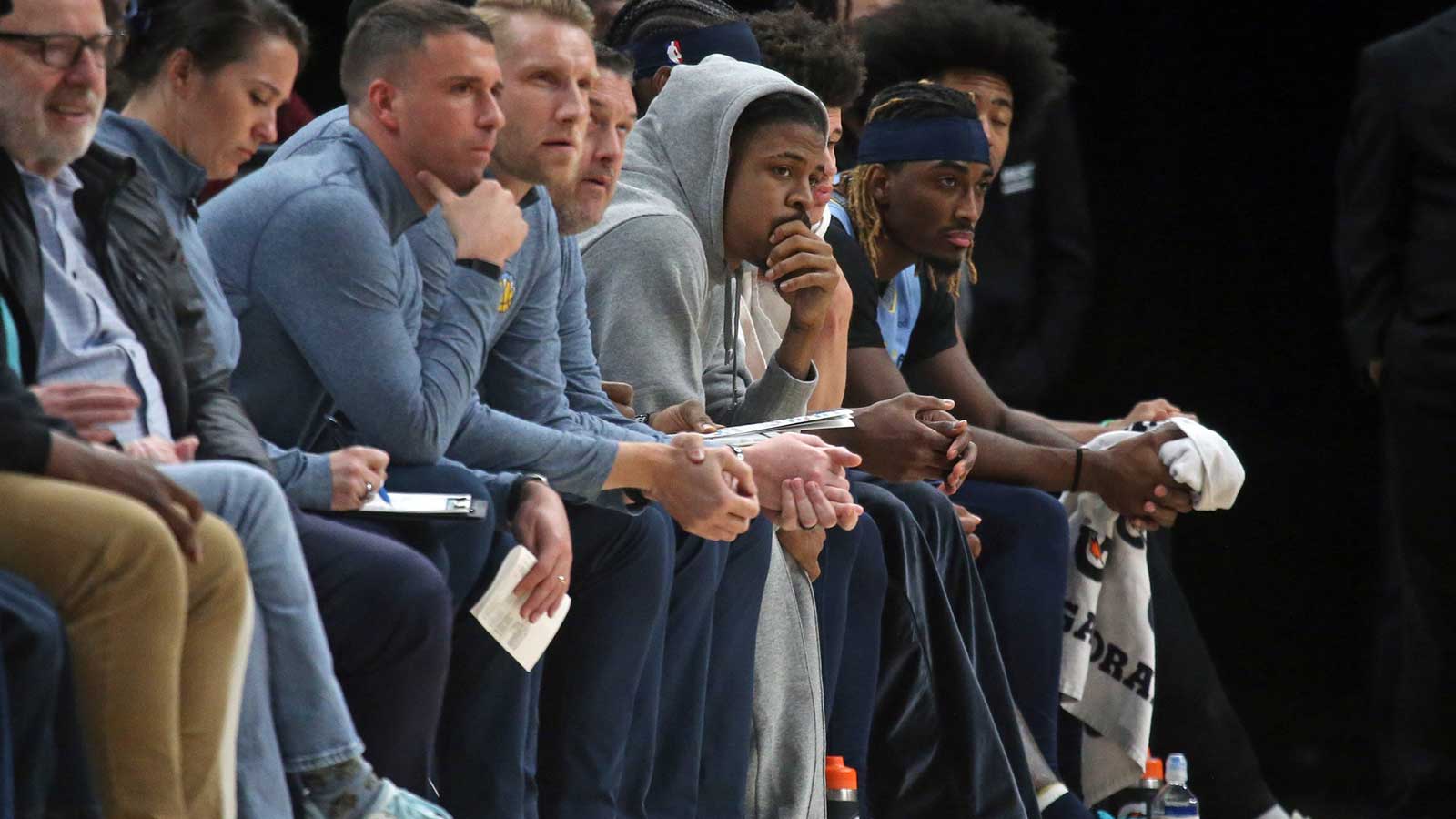 Memphis Grizzlies guard Ja Morant (12) looks on during the fourth quarter against the Sacramento Kings at FedExForum