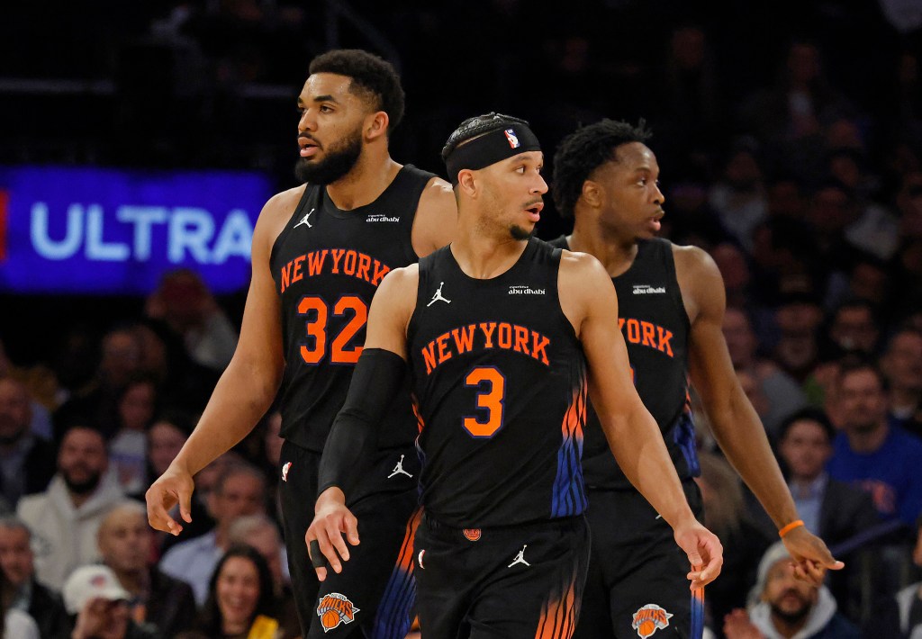 New York Knicks guard Josh Hart along with New York Knicks center Karl-Anthony Towns and New York Knicks forward Og Anunoby react on the court during the third quarter at Madison Square Garden in New York, New York, USA, Tuesday, March 24, 2026