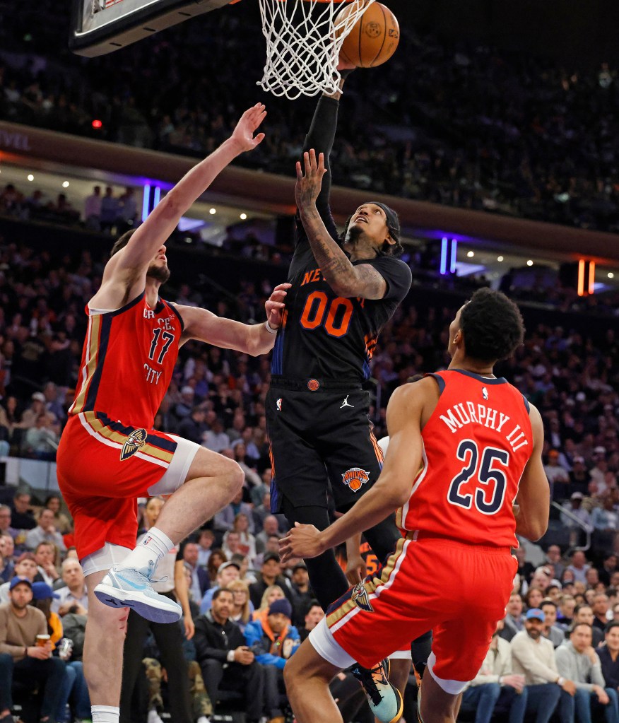 New York Knicks guard Jordan Clarkson puts up a shot as New Orleans Pelicans forward Karlo Matkovic jumps to defend during the third quarter 