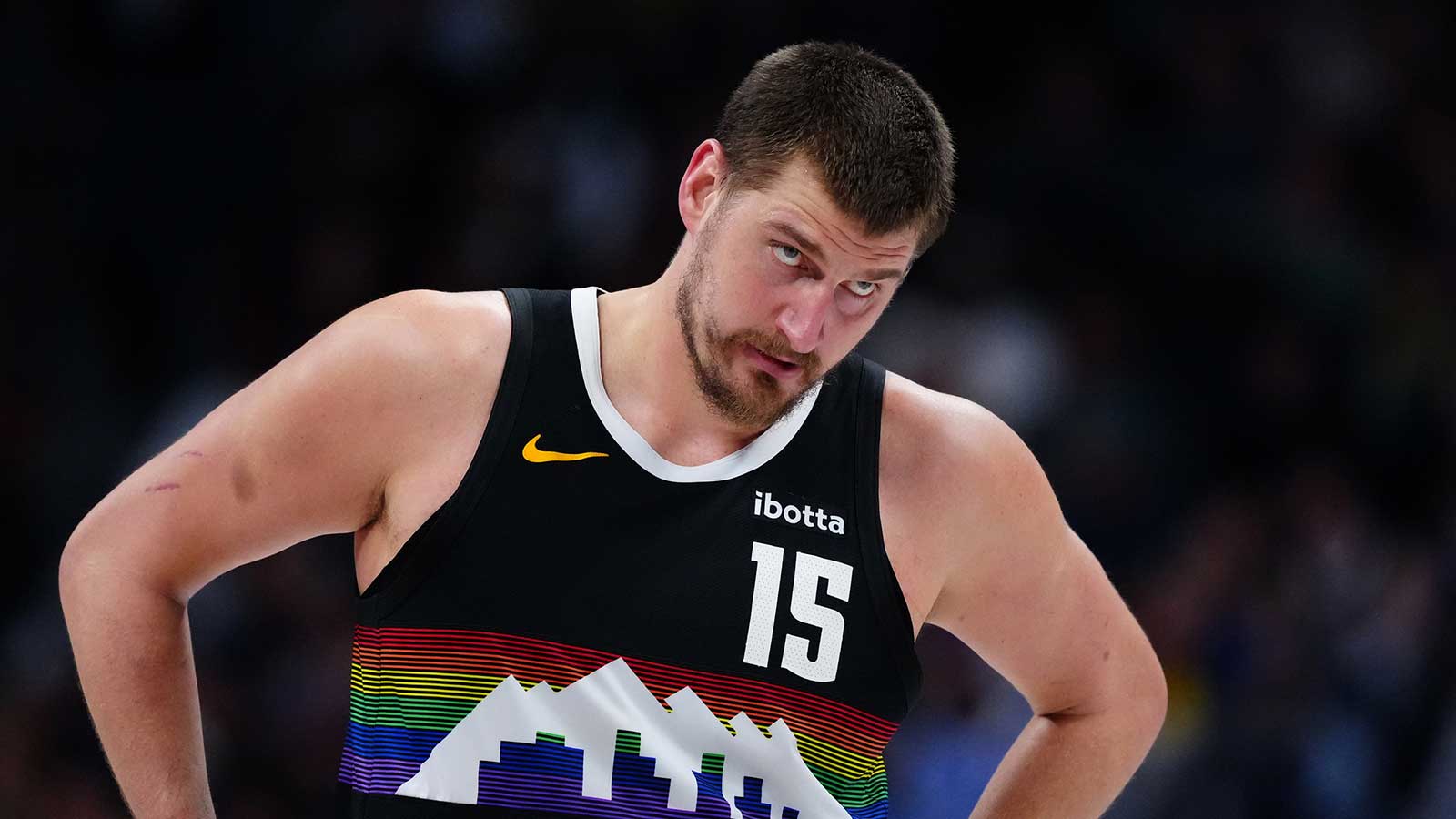 Denver Nuggets center Nikola Jokic (15) during the second quarter against the New York Knicks at Ball Arena. 