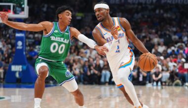 Oklahoma City Thunder guard Shai Gilgeous-Alexander, right, drives against Dallas Mavericks guard Max Christie (00) during the first half of an NBA basketball game in Dallas, Monday, Oct. 27, 2025. (AP Photo/LM Otero)
