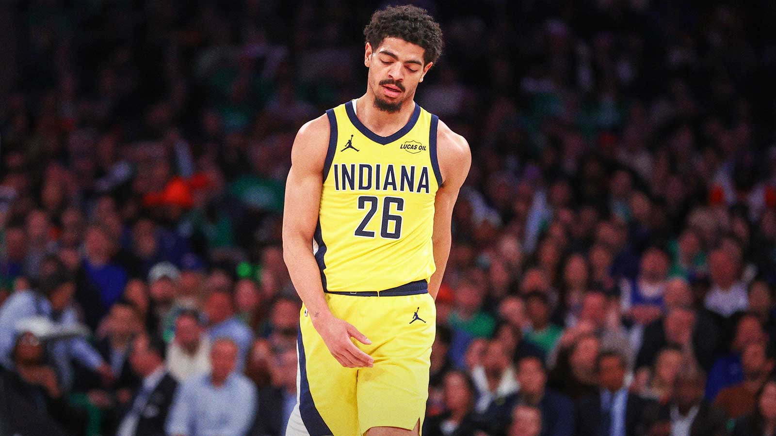 Pacers guard Ben Sheppard (26) reacts to a call in the third quarter against the New York Knicks at Madison Square Garden Pacers injury report and the Spurs logo in the background
