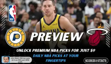 Indiana Pacers vs Miami Heat preview image with both team logos, a relevant basketball background, and the ScoresAndStats logo.