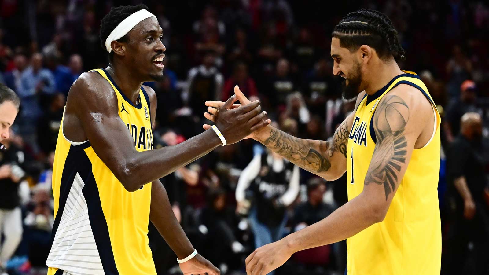 May 13, 2025; Cleveland, Ohio, USA; Indiana Pacers forward Pascal Siakam (43) celebrates with forward Obi Toppin (1) during the second half of game five against the Cleveland Cavaliers in the second round for the 2025 NBA Playoffs at Rocket Arena. Mandatory Credit: Ken Blaze-Imagn Images