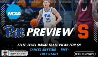 NCAAB preview graphic for Pittsburgh Panthers vs Syracuse Orange featuring both team logos, a matchup-themed background image, and the ScoresAndStats logo.