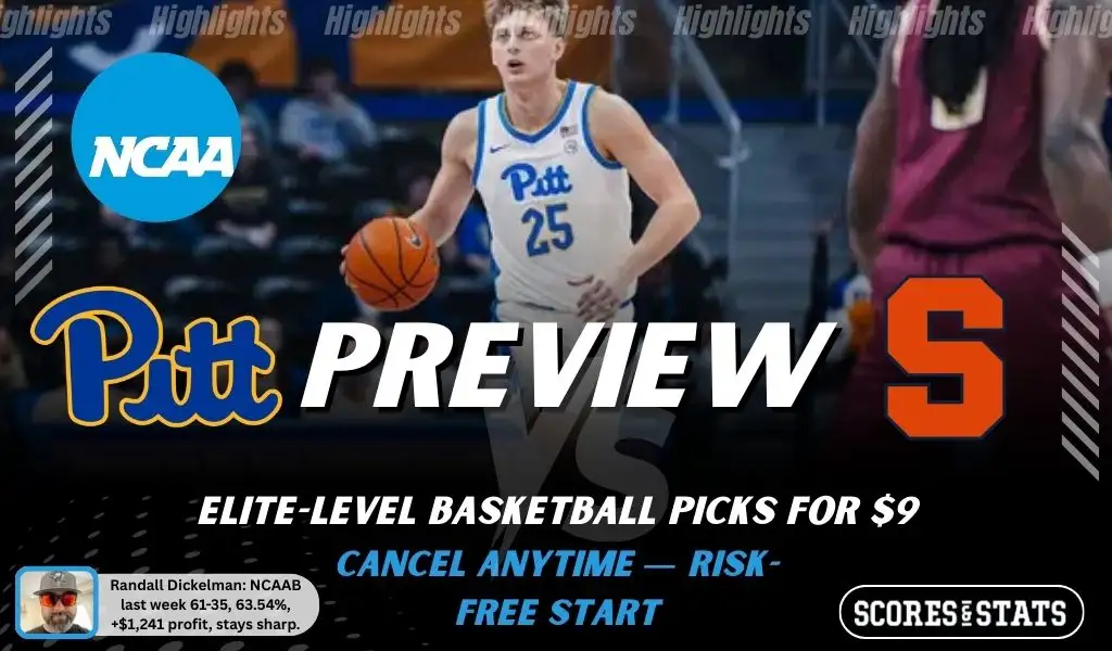 NCAAB preview graphic for Pittsburgh Panthers vs Syracuse Orange featuring both team logos, a matchup-themed background image, and the ScoresAndStats logo.