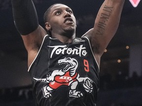 Raptors' RJ Barrett scores against the Pelicans during first half NBA action in Toronto, Friday, March 27, 2026.