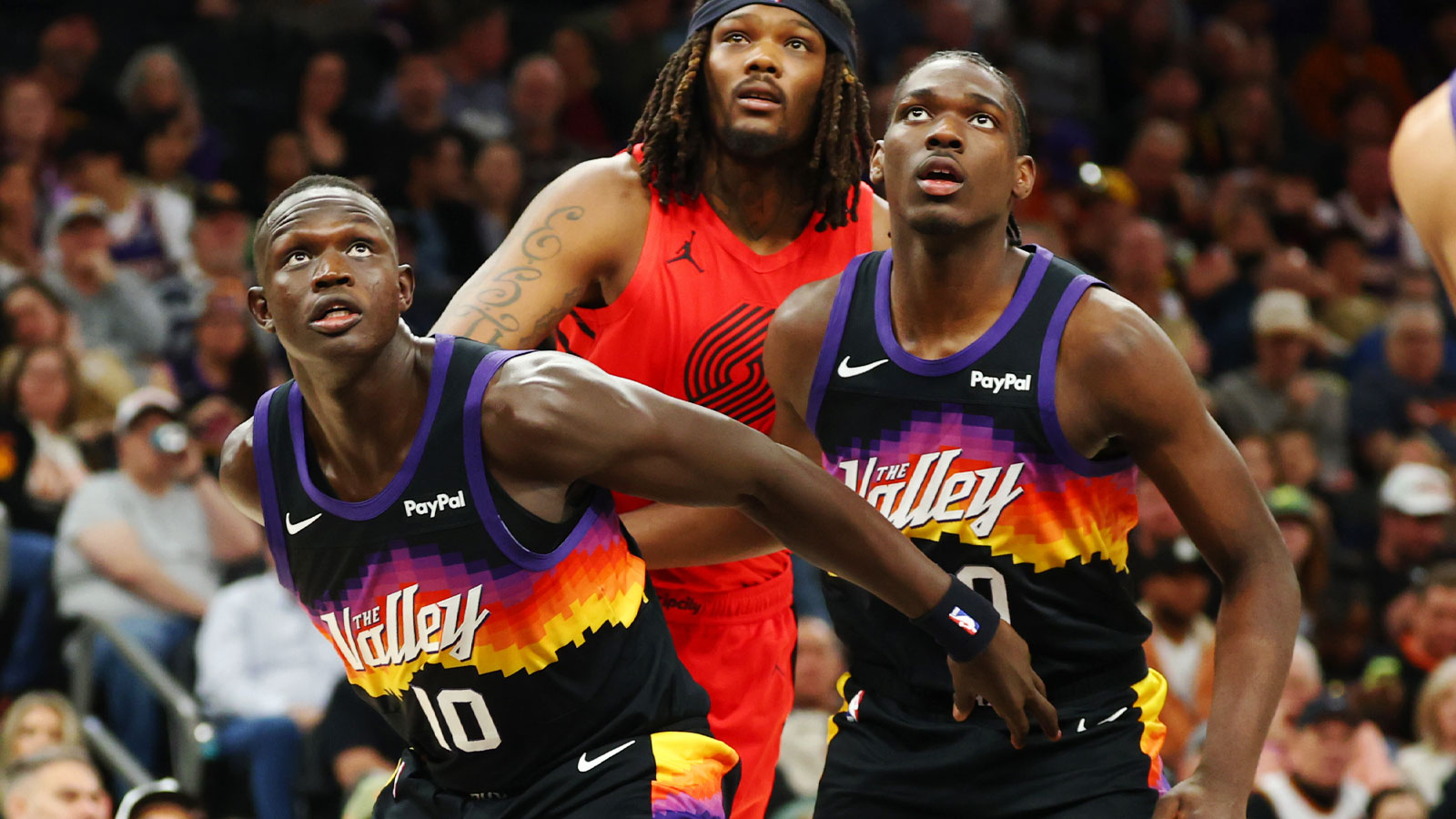 Phoenix Suns center Khaman Maluach (10) and forward Rasheer Fleming (20) against the Portland Trail Blazers at Mortgage Matchup Center.