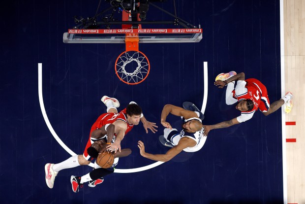 INGLEWOOD, CALIFORNIA - FEBRUARY 26: Anthony Edwards #5 of the Minnesota Timberwolves takes a shot against Brook Lopez #11 of the LA Clippers in the first half at Intuit Dome on February 26, 2026 in Inglewood, California.  (Photo by Ronald Martinez/Getty Images)