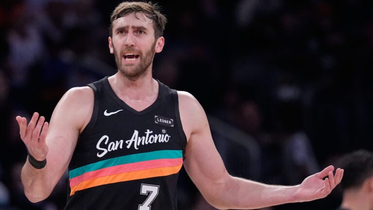 San Antonio Spurs' Luke Kornet reacts to a call during the first half of an NBA basketball game against the New York Knicks Sunday, March 1, 2026, in New York.