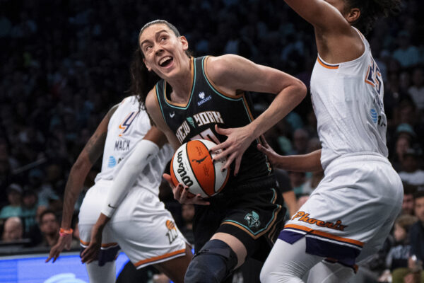New York Liberty forward Breanna Stewart (30) searches for an opening to the basket during the second half of Game 2 in the first round of the WNBA basketball playoffs against the Phoenix Mercury, Wednesday, Sept. 17, 2025, in New York. (AP Photo/Angelina Katsanis)
