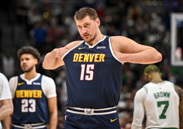 Nikola Jokic (15) of the Denver Nuggets prepares for the Boston Celtics during the first quarter at Ball Arena in Denver, Colorado on Wednesday, February 25, 2026. (Photo by AAron Ontiveroz/The Denver Post)