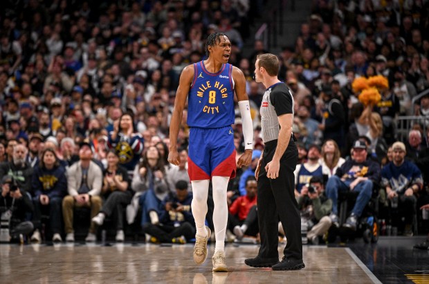 Peyton Watson (8) of the Denver Nuggets celebrates making a 3-pointer against the Oklahoma City Thunder during the first quarter at Ball Arena in Denver, Colorado on Sunday, February 1, 2026. (Photo by AAron Ontiveroz/The Denver Post)