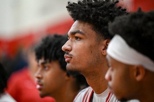 Marceles Duncan (23) of the Rangeview Raiders watches the action against the George Washington Patriots during Rangeview's 77-47 win on their home court in Aurora, Colorado on Tuesday, March 4, 2025. (Photo by AAron Ontiveroz/The Denver Post)