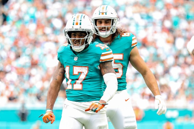 Jaylen Waddle of the Miami Dolphins reacts during the second quarter against the Cincinnati Bengals at Hard Rock Stadium on December 21, 2025 in Miami Gardens, Florida. (Photo by Carmen Mandato/Getty Images)