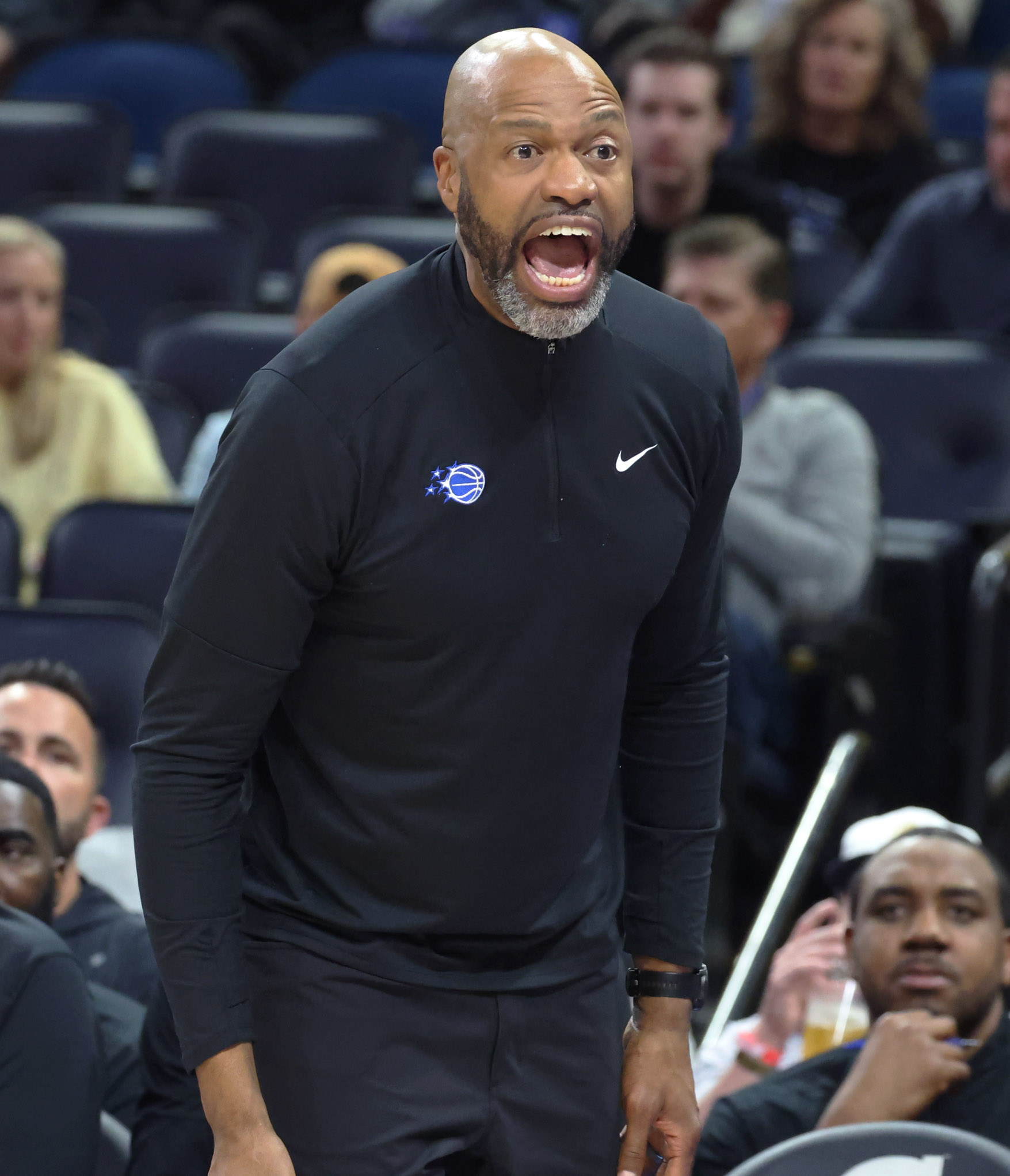 Orlando coach Jamahl Mosley yells during the Dallas Mavericks at...