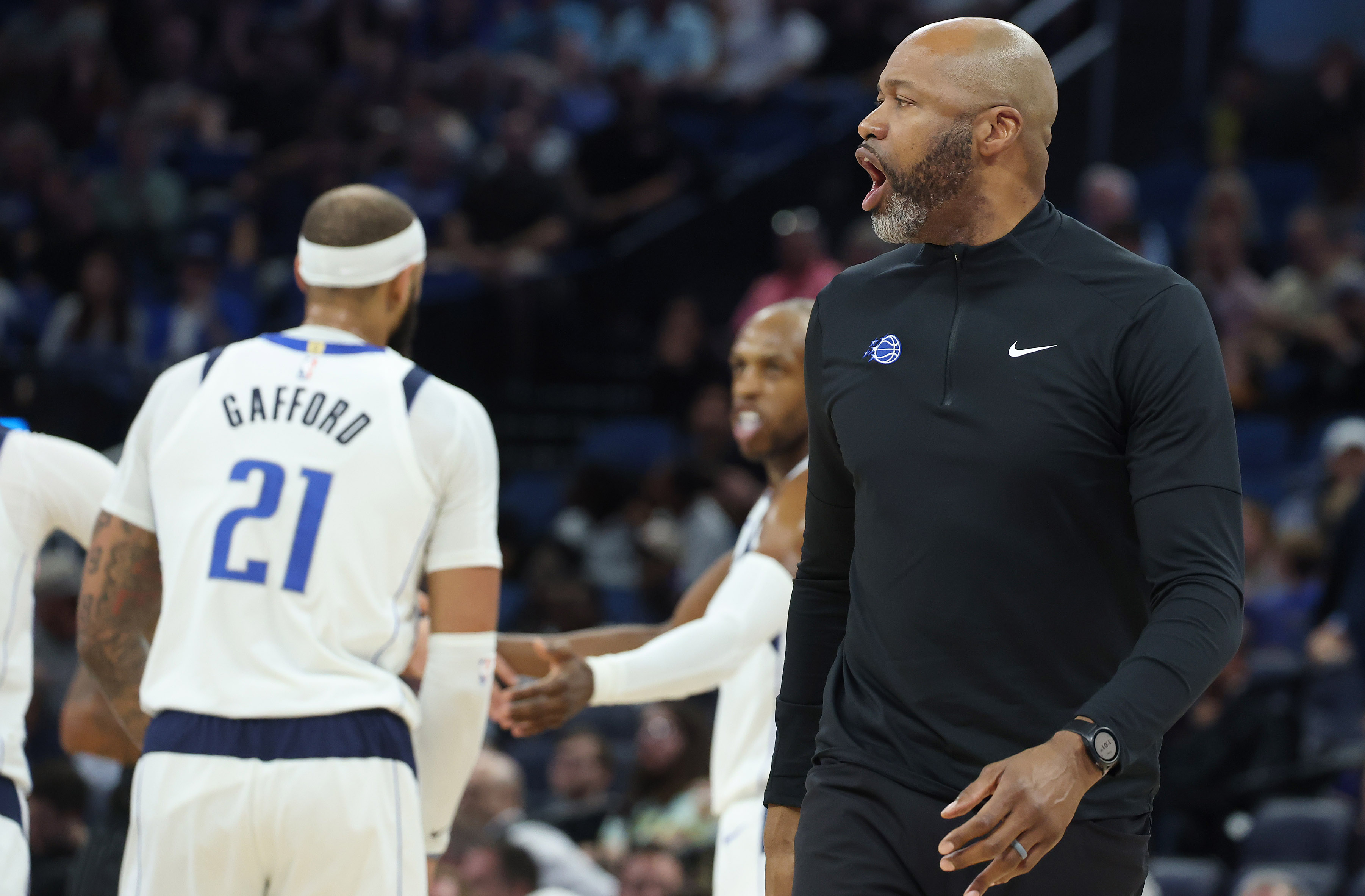Orlando coach Jamahl Mosley yells during the Dallas Mavericks at...