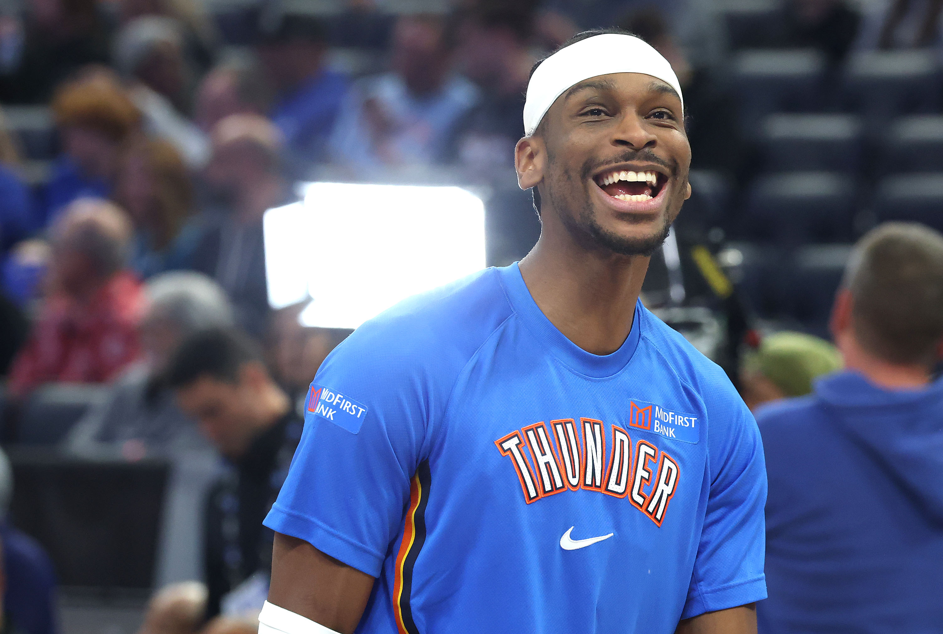 Thunder guard Shai Gilgeous-Alexander smiles before the Oklahoma Thunder at...