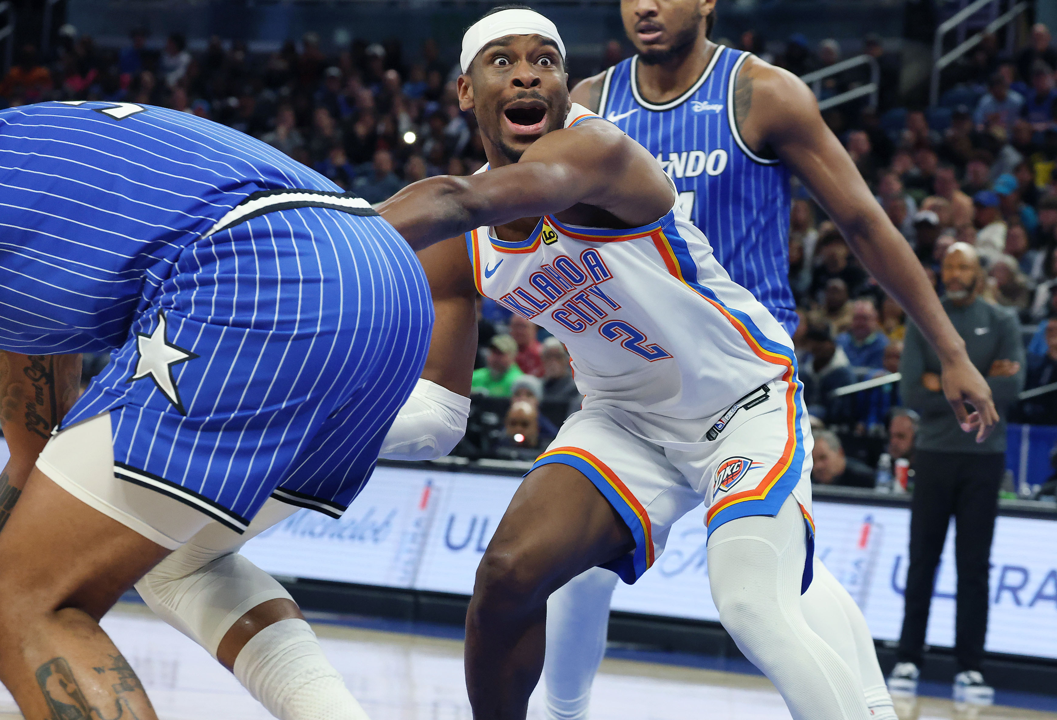 Thunder guard Shai Gilgeous-Alexander (2) is upset that a foul...