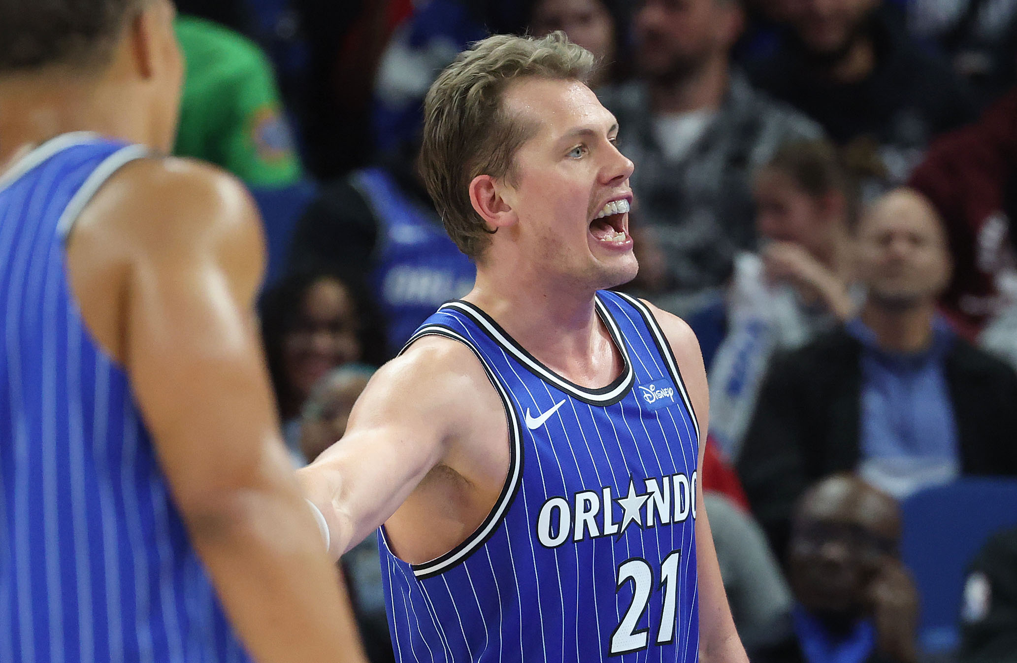 Magic center Mo Wagner (21) yells during the Oklahoma Thunder...