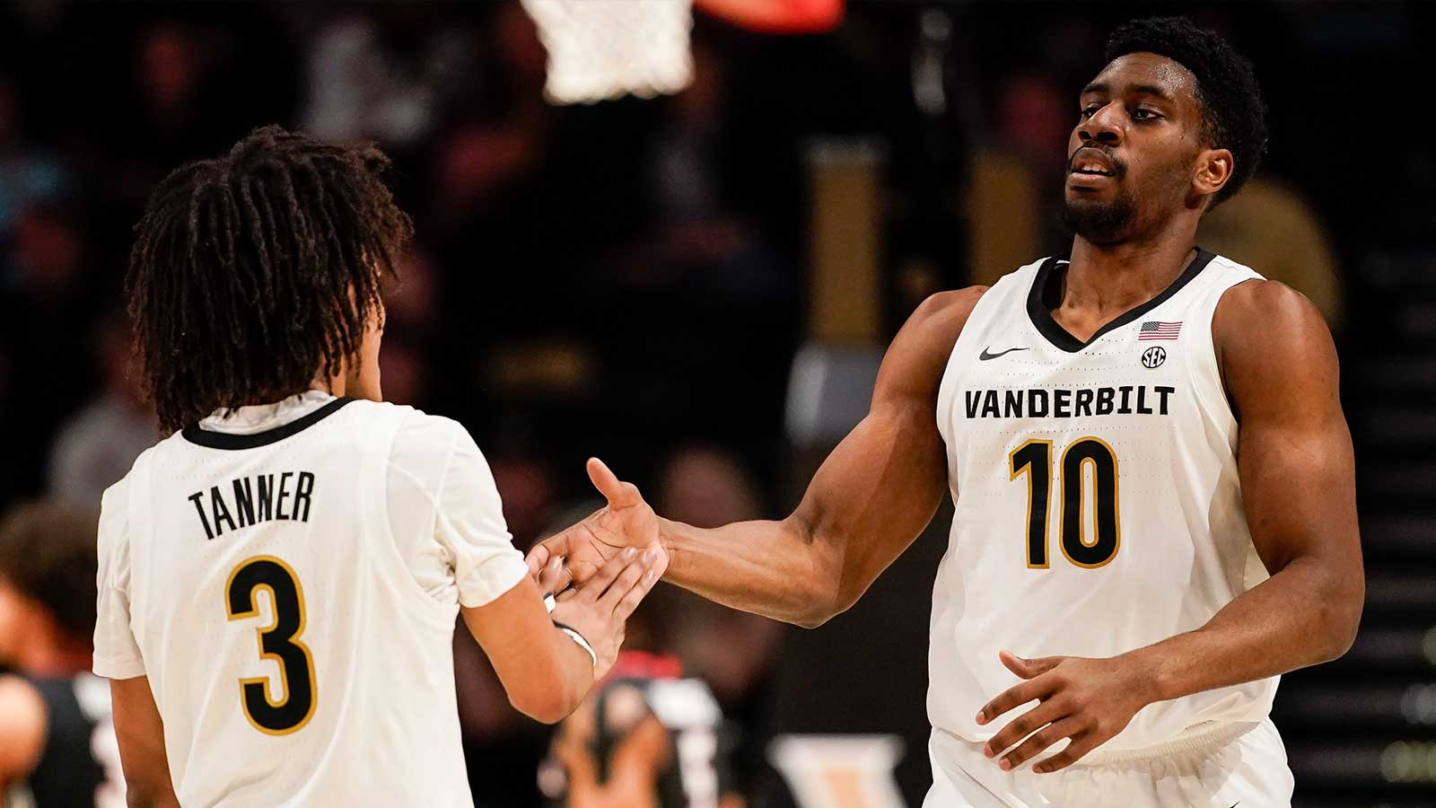 Vanderbilt forward Ak Okereke (10) celebrates a three point basket against Georgia with guard Tyler Tanner (3) during the first half at Memorial Gym in Nashville, Tenn., Wednesday, Feb. 25, 2026.