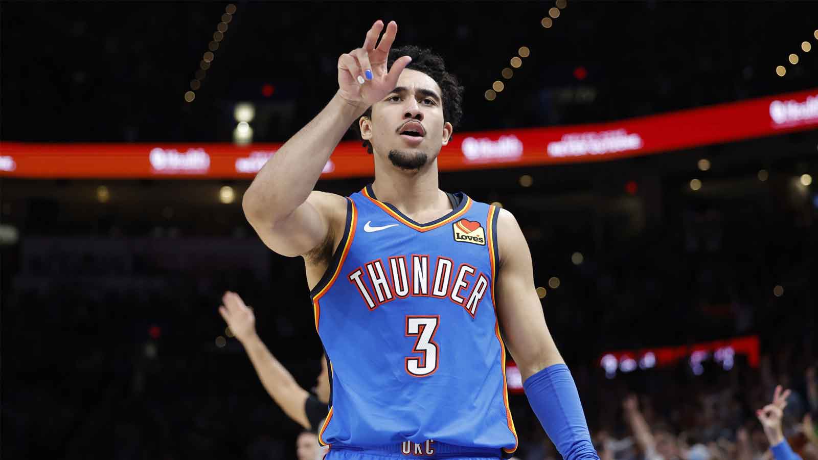 Thunder guard Jared McCain (3) gestures after scoring against the Denver Nuggets during the second half at Paycom Center