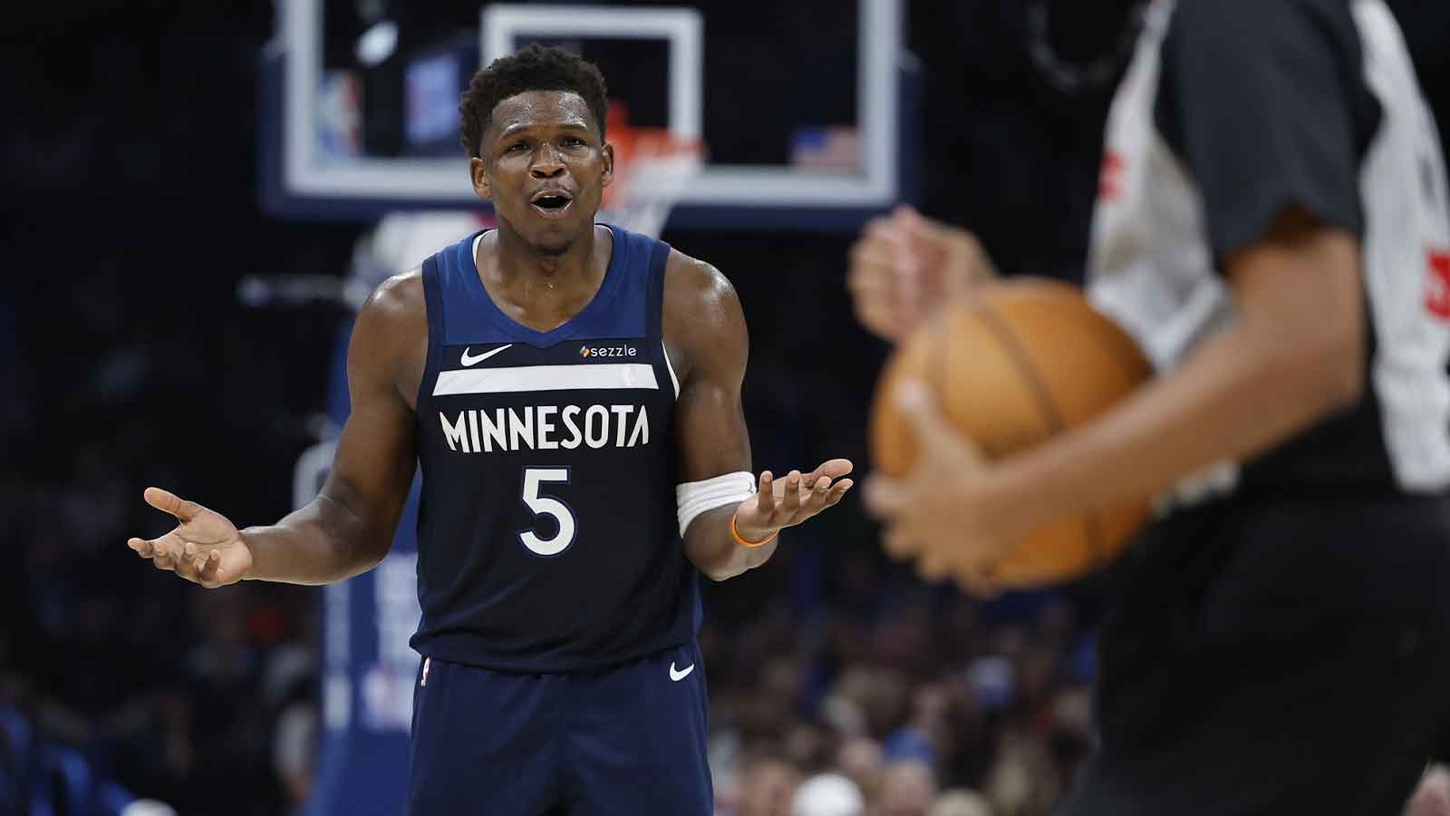 Timberwolves guard Anthony Edwards (5) reacts after a call against him by an official during the second half against the Oklahoma City Thunder at Paycom Center