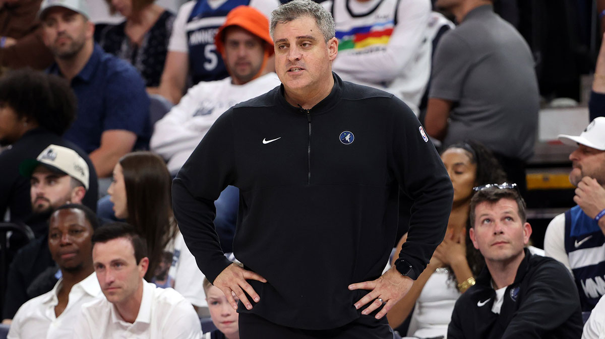 Minnesota Timberwolves assistant coach Micah Nori looks on in the second half against the Dallas Mavericks during game two of the western conference finals for the 2024 NBA playoffs at Target Center.
