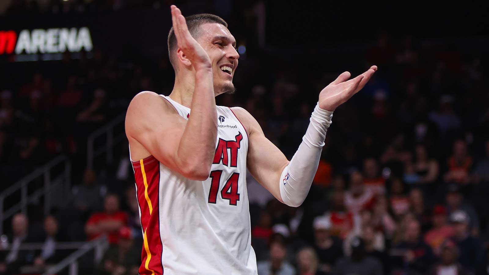 Miami Heat guard Tyler Herro (14) reacts after a shot against the Atlanta Hawks in the second quarter at State Farm Arena.