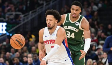 Dec 16, 2023; Milwaukee, Wisconsin, USA; Detroit Pistons guard Cade Cunningham (2) is guarded by Milwaukee Bucks forward Giannis Antetokounmpo (34) in the first quarter at Fiserv Forum. Mandatory Credit: Benny Sieu-USA TODAY Sports