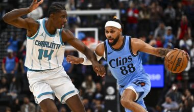 Mar 16, 2025; Inglewood, California, USA; LA Clippers guard Patty Mills (88) moves the ball against Charlotte Hornets forward Moussa Diabate (14) during the second half at Intuit Dome. Mandatory Credit: Jonathan Hui-Imagn Images