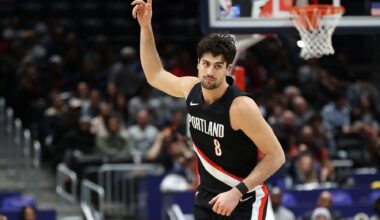 Jan 27, 2026; Washington, District of Columbia, USA; Portland Trail Blazers forward Deni Avdija (8) celebrates during the second half against the Washington Wizards at Capital One Arena. Mandatory Credit: Daniel Kucin Jr.-Imagn Images