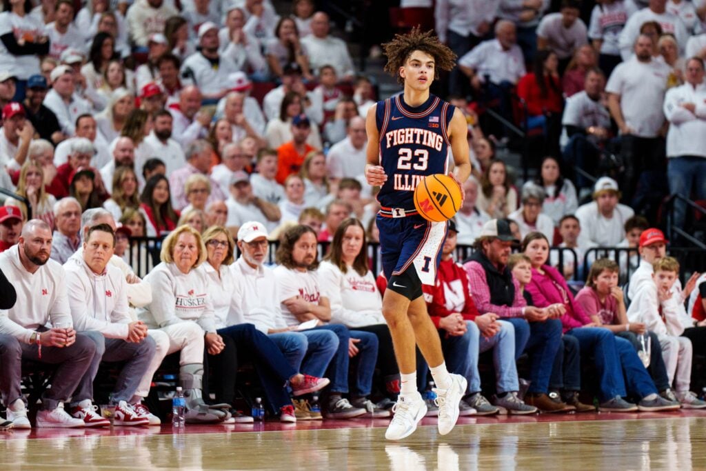 Illinois Fighting Illini guard Keaton Wagler (23) dribbles during the second half against the Nebraska Cornhuskers at Pinnacle Bank Arena.