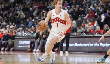 Feb 11, 2026; Toronto, Ontario, CAN; Toronto Raptors guard Gradey Dick (1) controls the ball against the Detroit Pistons during the second half at Scotiabank Arena. Mandatory Credit: John E. Sokolowski-Imagn Images