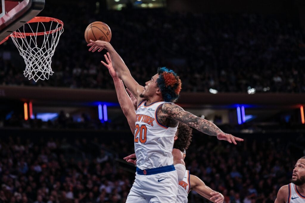 Feb 19, 2026; New York, New York, USA; New York Knicks forward Jeremy Sochan (20) blocks a shot by Detroit Pistons guard Cade Cunningham (2) during the second half at Madison Square Garden. Mandatory Credit: Vincent Carchietta-Imagn Images