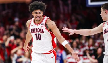 Arizona Wildcats forward Koa Peat (10) celebrates during the first half of the game against the Kansas Jayhawks at McKale Memorial Center.