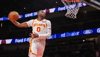 Mar 1, 2026; Atlanta, Georgia, USA; Atlanta Hawks forward Jonathan Kuminga (0) dunks against the Portland Trail Blazers in the fourth quarter at State Farm Arena. Mandatory Credit: Brett Davis-Imagn Images
