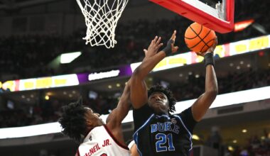 Duke Blue Devils center Patrick Ngongba II (21) lays the ball up against NC State Wolfpack guard Paul McNeil Jr. (2) during the second half at Lenovo Center.