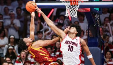 Mar 2, 2026; Tucson, Arizona, USA; Arizona Wildcats forward Koa Peat (10) blocks a shot by Iowa State Cyclones forward Joshua Jefferson (5) during the second half of the game at McKale Memorial Center. Mandatory Credit: Aryanna Frank-Imagn Images