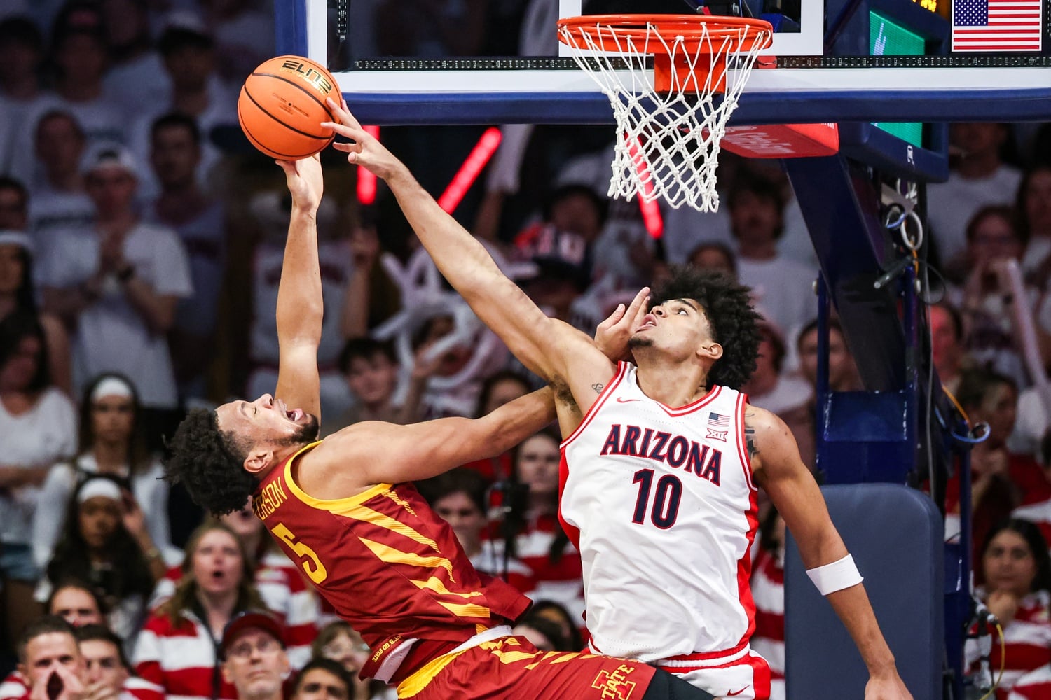 Mar 2, 2026; Tucson, Arizona, USA; Arizona Wildcats forward Koa Peat (10) blocks a shot by Iowa State Cyclones forward Joshua Jefferson (5) during the second half of the game at McKale Memorial Center. Mandatory Credit: Aryanna Frank-Imagn Images