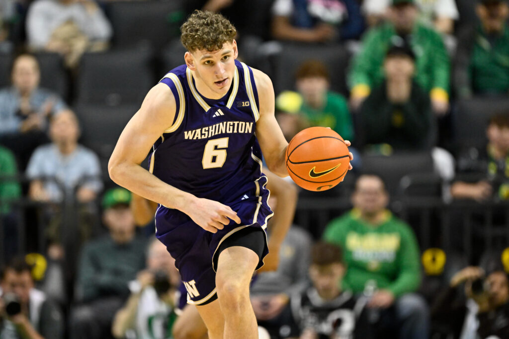 Washington's Hannes Steinbach dribbles the ball down the court