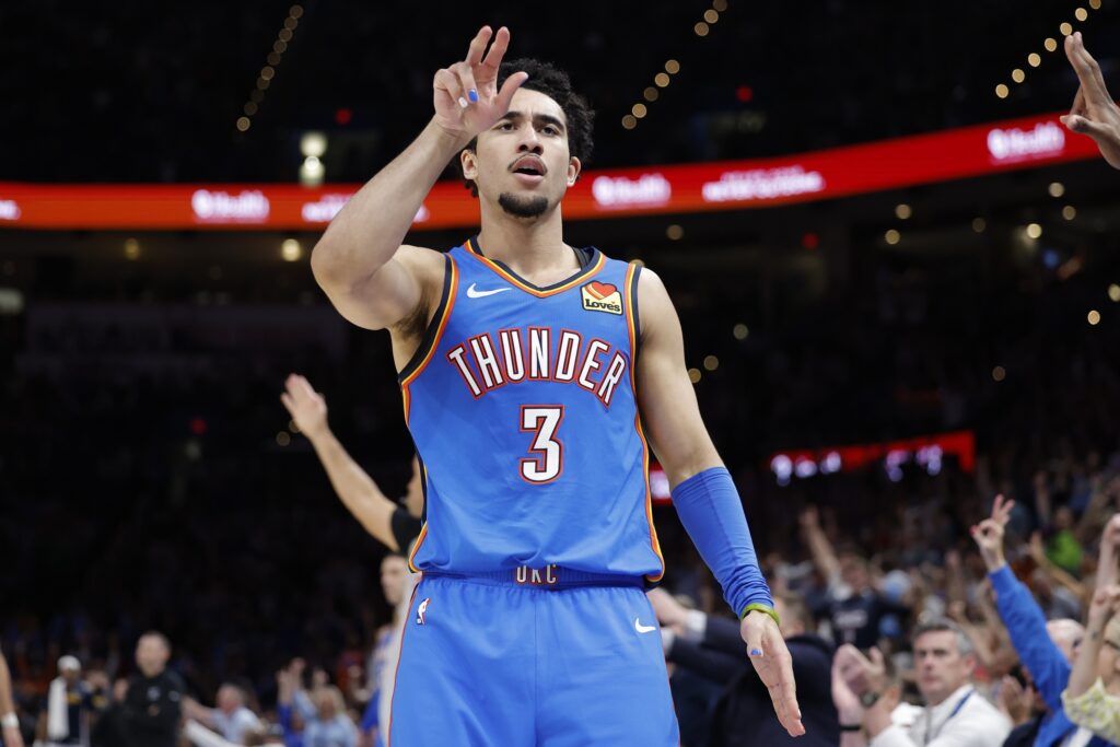 Mar 9, 2026; Oklahoma City, Oklahoma, USA; Oklahoma City Thunder guard Jared McCain (3) gestures after scoring against the Denver Nuggets during the second half at Paycom Center. Mandatory Credit: Alonzo Adams-Imagn Images