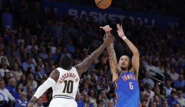 Mar 9, 2026; Oklahoma City, Oklahoma, USA; Oklahoma City Thunder forward Jaylin Williams (6) is fouled by Denver Nuggets guard/forward Tim Hardaway Jr. (10) as he shoots during the second half at Paycom Center. Mandatory Credit: Alonzo Adams-Imagn Images
