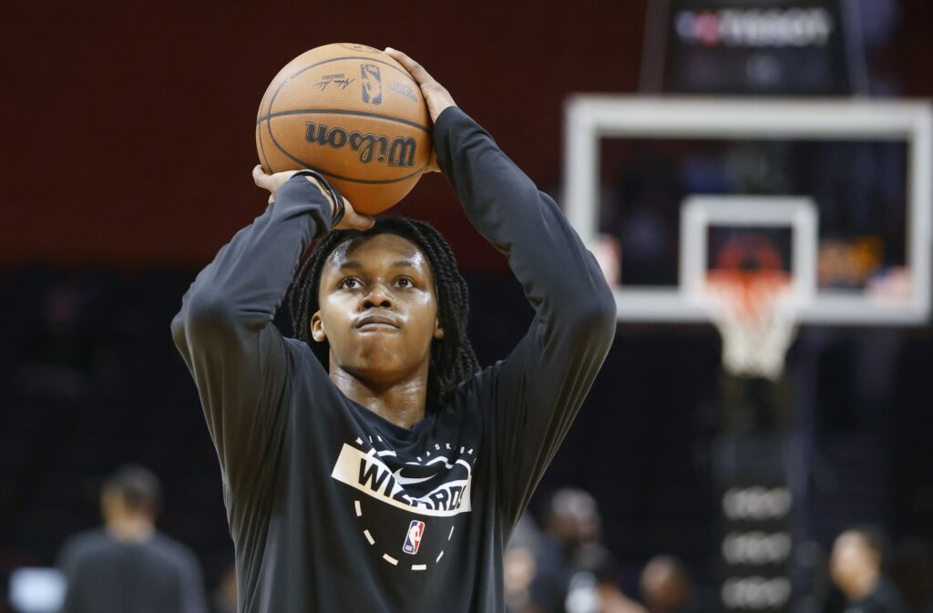 Washington Wizards guard Bub Carrington (7) warms up against the Miami Heat at Kaseya Center.