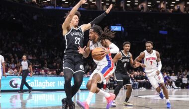 Mar 10, 2026; Brooklyn, New York, USA; Detroit Pistons guard Daniss Jenkins (24) drives past Brooklyn Nets forward Jalen Wilson (22) in the fourth quarter at Barclays Center. Mandatory Credit: Wendell Cruz-Imagn Images