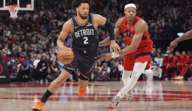 Detroit Pistons guard Cade Cunningham (2) drives to the basket against Toronto Raptors guard Scottie Barnes (4) during the first half at Scotiabank Arena.